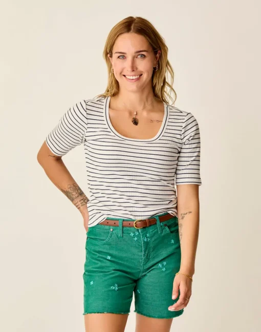 Carve Designs Short Sleeve^Asher Rib Top: Cloud Stripe