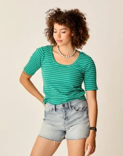 Carve Designs Short Sleeve^Asher Rib Top: Jade Stripe