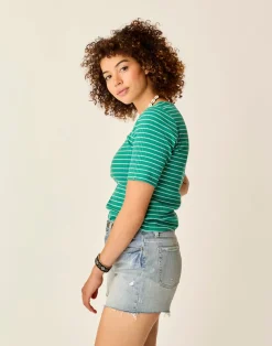 Carve Designs Short Sleeve^Asher Rib Top: Jade Stripe