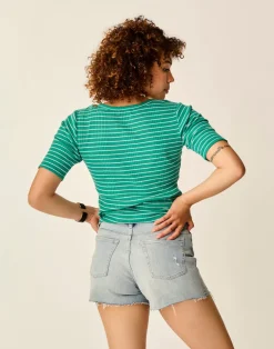 Carve Designs Short Sleeve^Asher Rib Top: Jade Stripe