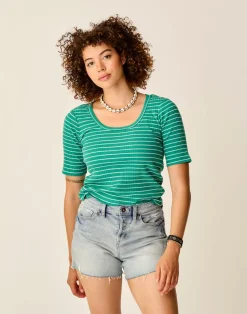 Carve Designs Short Sleeve^Asher Rib Top: Jade Stripe