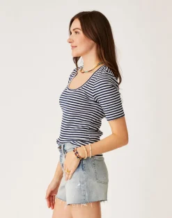 Carve Designs Short Sleeve^Asher Rib Top: Navy Stripe