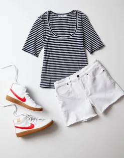 Carve Designs Short Sleeve^Asher Rib Top: Navy Stripe