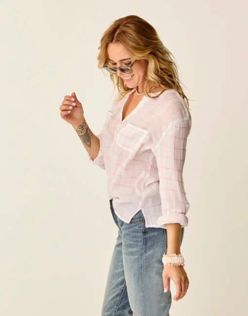 Carve Designs Long Sleeve^Dylan Gauze Shirt: Hot Pink Plaid