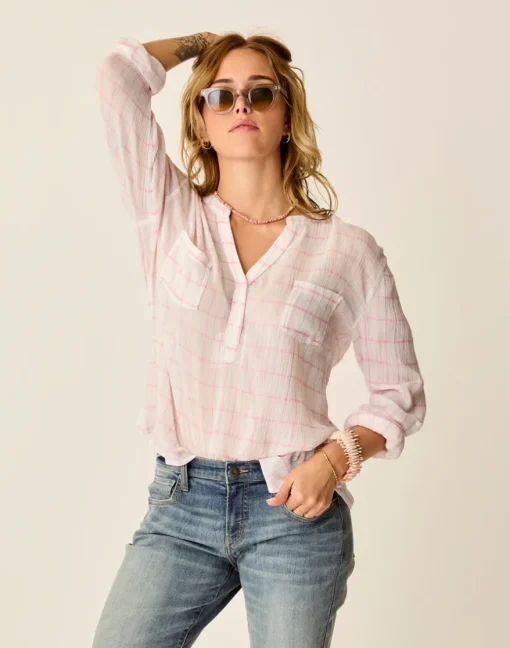 Carve Designs Long Sleeve^Dylan Gauze Shirt: Hot Pink Plaid