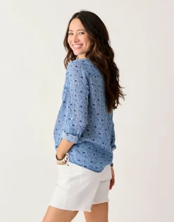 Carve Designs Long Sleeve^Dylan Gauze Shirt: Navy Garden