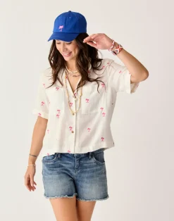 Carve Designs Short Sleeve^Luca Linen Shirt: Palm Embroidered