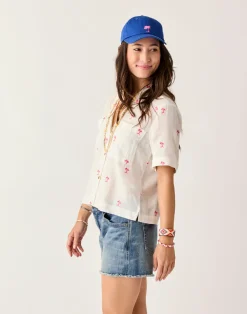 Carve Designs Short Sleeve^Luca Linen Shirt: Palm Embroidered