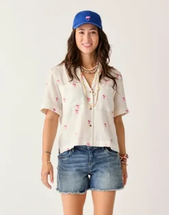 Carve Designs Short Sleeve^Luca Linen Shirt: Palm Embroidered