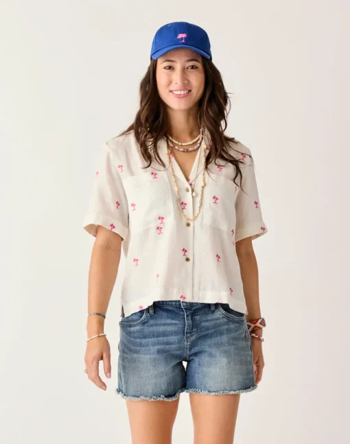 Carve Designs Short Sleeve^Luca Linen Shirt: Palm Embroidered