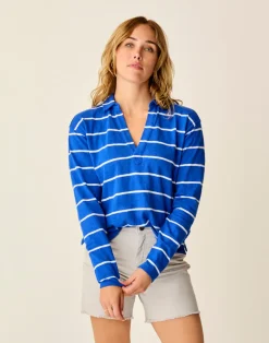 Carve Designs Long Sleeve^Mara Slub Polo: Billie Blue Stripe