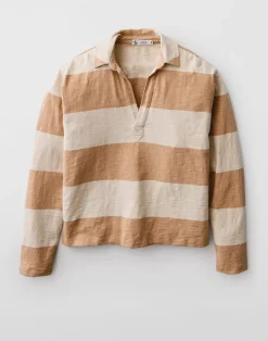 Carve Designs Long Sleeve^Mara Slub Polo: Biscuit Stripe