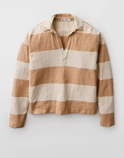 Carve Designs Long Sleeve^Mara Slub Polo: Biscuit Stripe