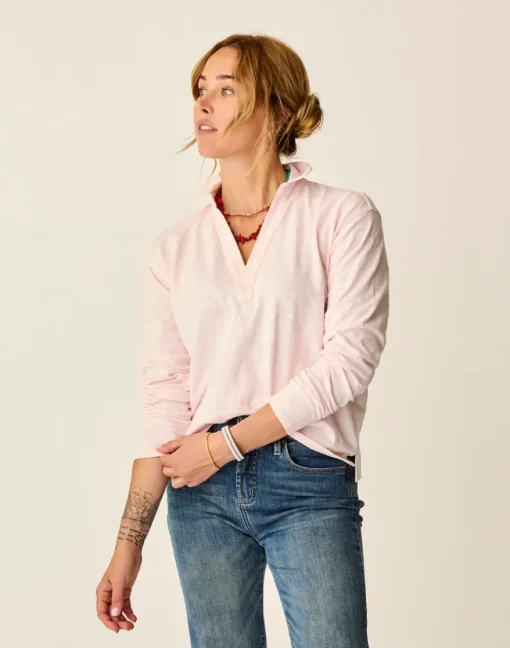Carve Designs Long Sleeve^Mara Slub Polo: Pastel