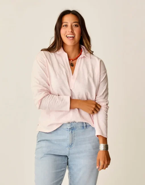 Carve Designs Long Sleeve^Mara Slub Polo: Pastel