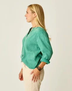 Carve Designs Long Sleeve^Tatum Double Gauze Shirt: Jade